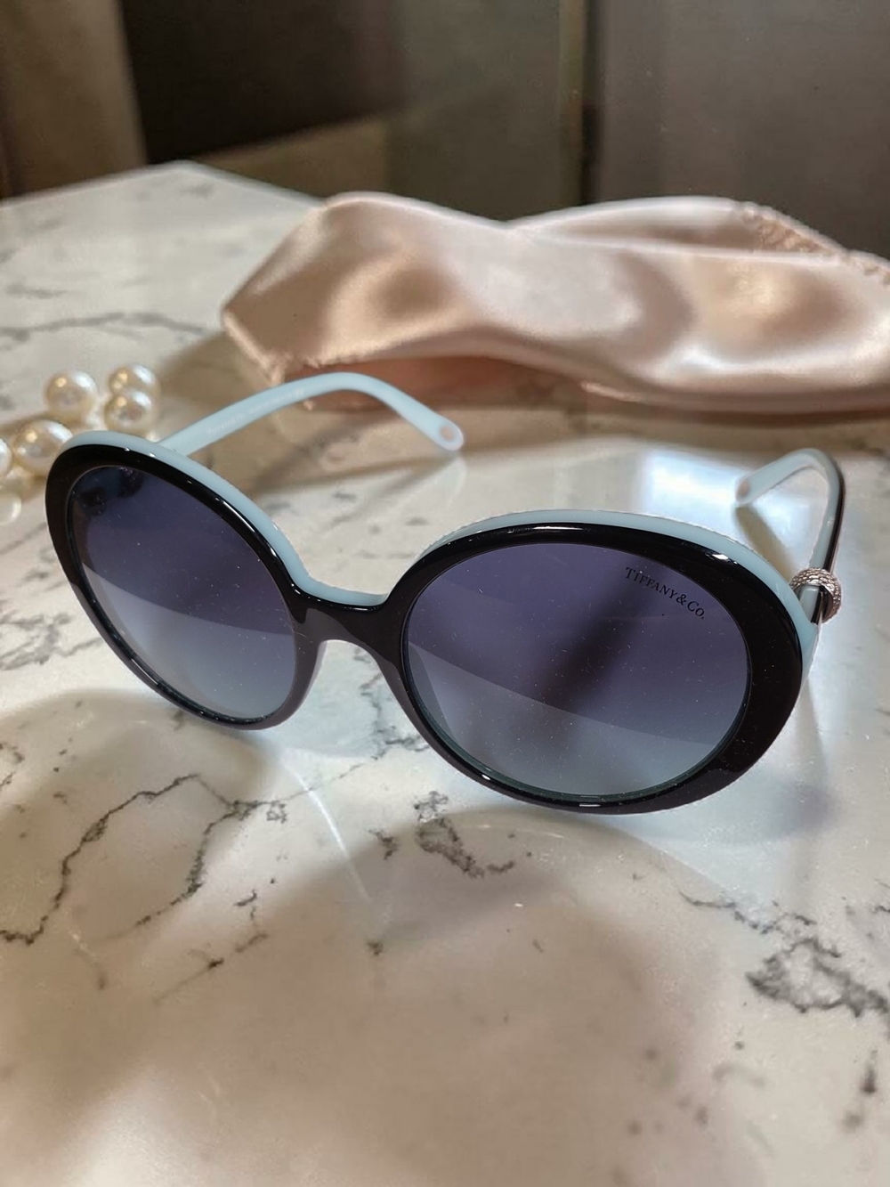 Tiffany Blue® Oval Sunglasses in Black Acetate w/ Silver Accents, All Inclusive - Picture 4 of 9